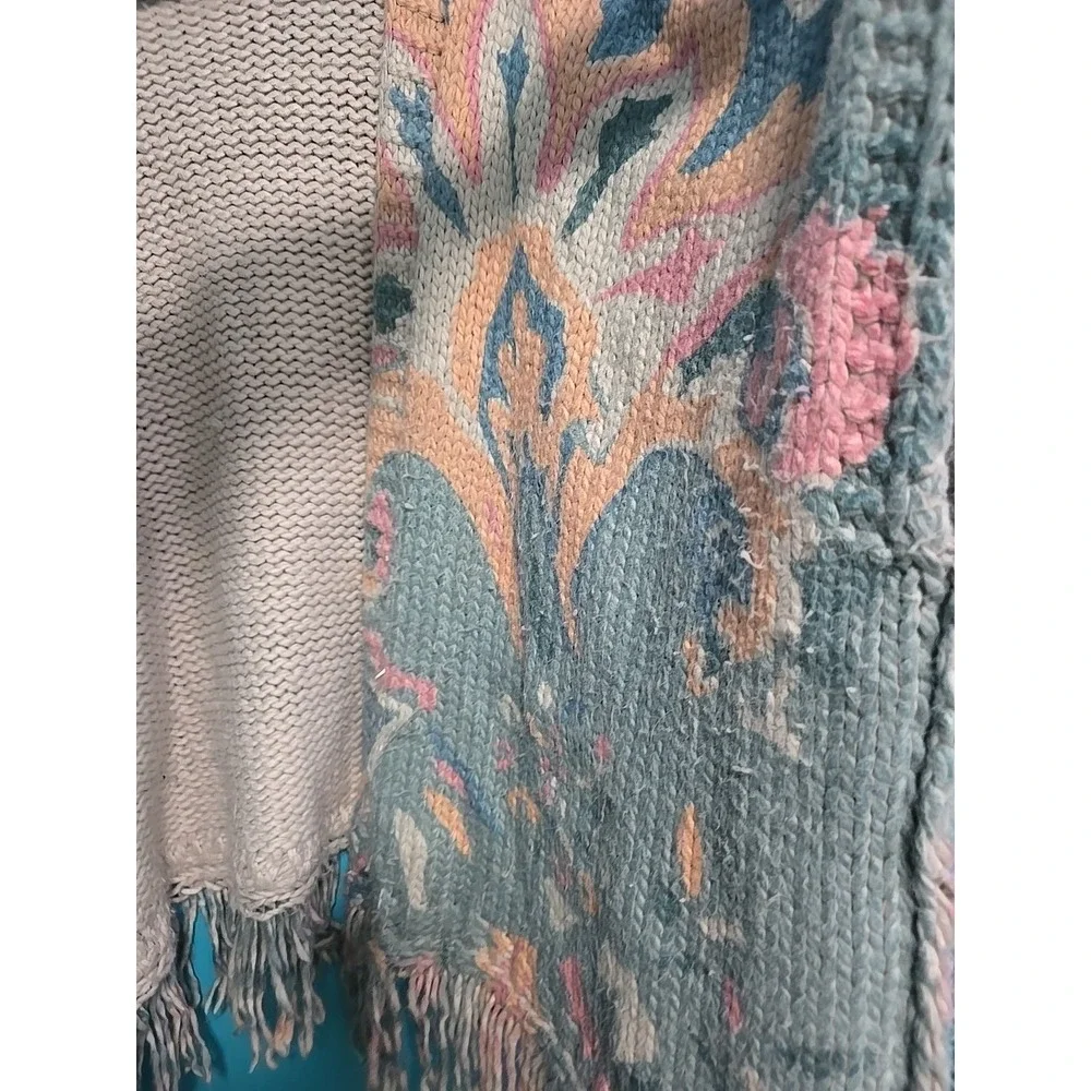 Anthropologie Floral Blue Pink  Duster Cardigan One Size fits all Fringe